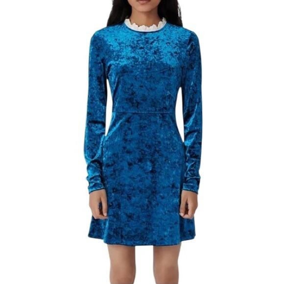 Maje Randy Long Sleeve Crushed Velvet Mini Dress Blue Women's Size M (38) NWT - Picture 1 of 14